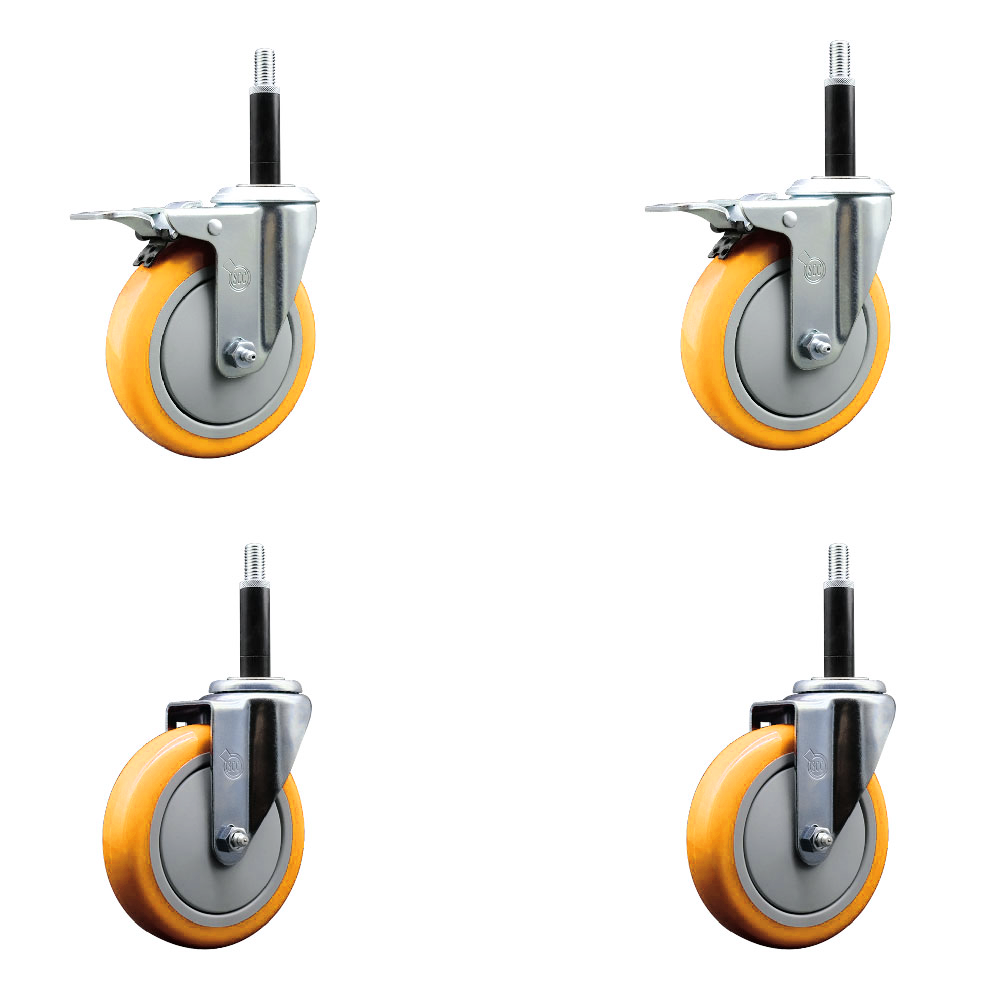 Polyurethane Swivel Expanding Stem Caster Set of 4 with 5 Inch Yellow Wheels and 3/4" Stems - Includes 2 with Total Locking Brakes - 1400 lbs Total Capacity - Service Caster Brand — photo 1