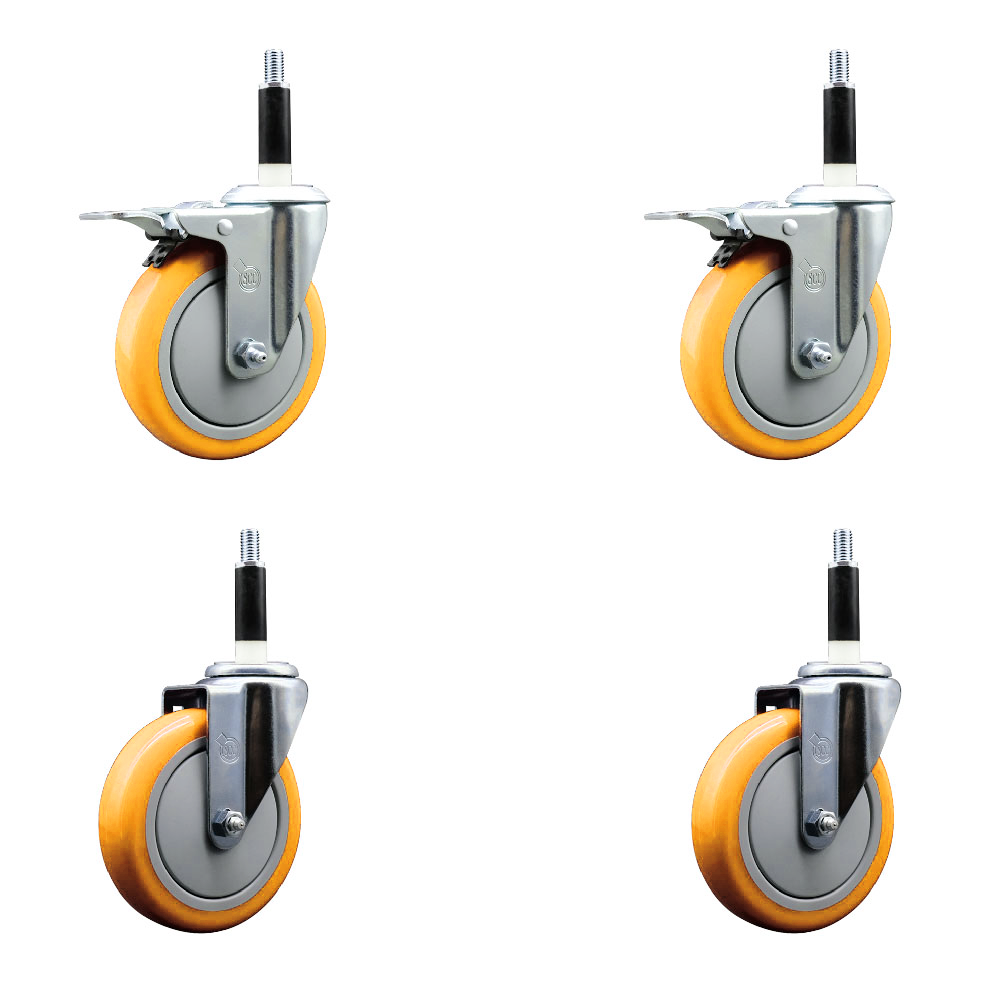 Polyurethane Swivel Expanding Stem Caster Set of 4 with 5 Inch Yellow Wheels and 7/8" Stems - Includes 2 with Total Locking Brakes - 1400 lbs Total Capacity - Service Caster Brand — photo 1