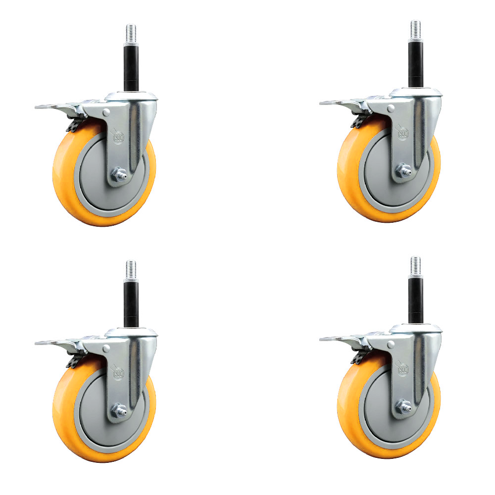 Stainless Steel Polyurethane Swivel Expanding Stem Caster Set of 4 with 5 Inch Yellow Wheels and 3/4" Stems-Includes 4 Swivel with Total Locking Brakes-350lbs. Capacity Per Caster-Service Caster Brand — photo 1
