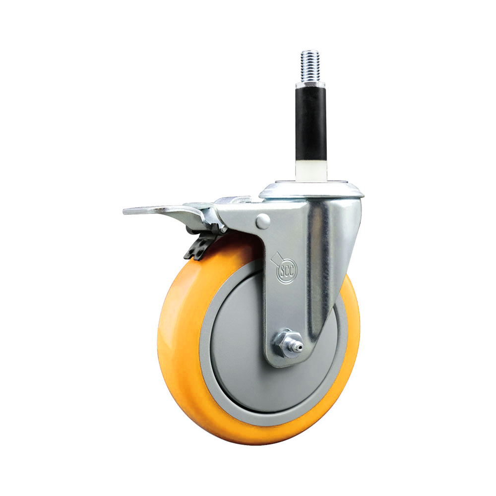 Polyurethane Swivel Stem Caster with 5 Inch Yellow Caster Wheel and Total Lock Brake - 7/8" Expanding Stem - 316 Stainless Steel Caster - 350 lbs. Capacity Per Caster - Service Caster Brand — photo 1