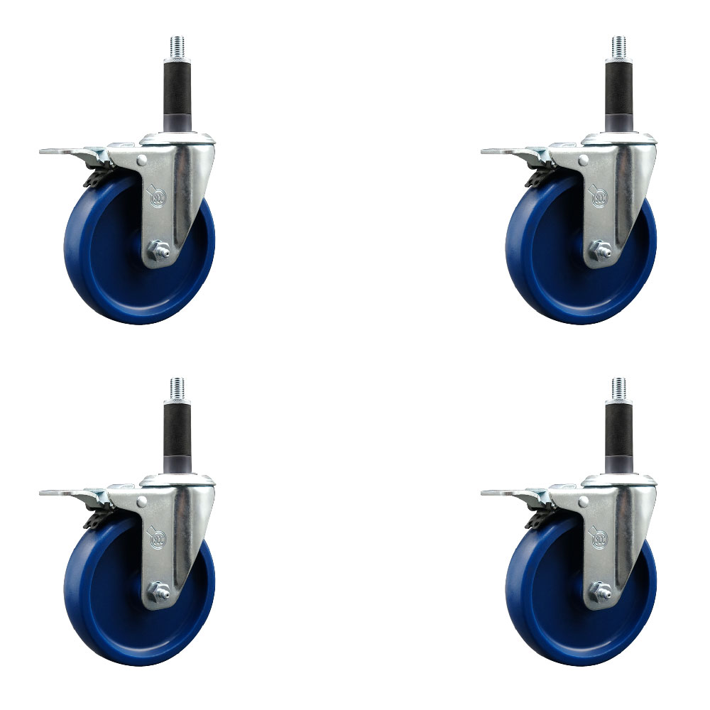 Solid Polyurethane Swivel Expanding Stem Caster Set of 4 with 5 Inch Blue Wheels and 1" Stems - Includes 4 Swivel with Total Locking Brakes - 300 lbs. Capacity Per Caster - Service Caster Brand — photo 1