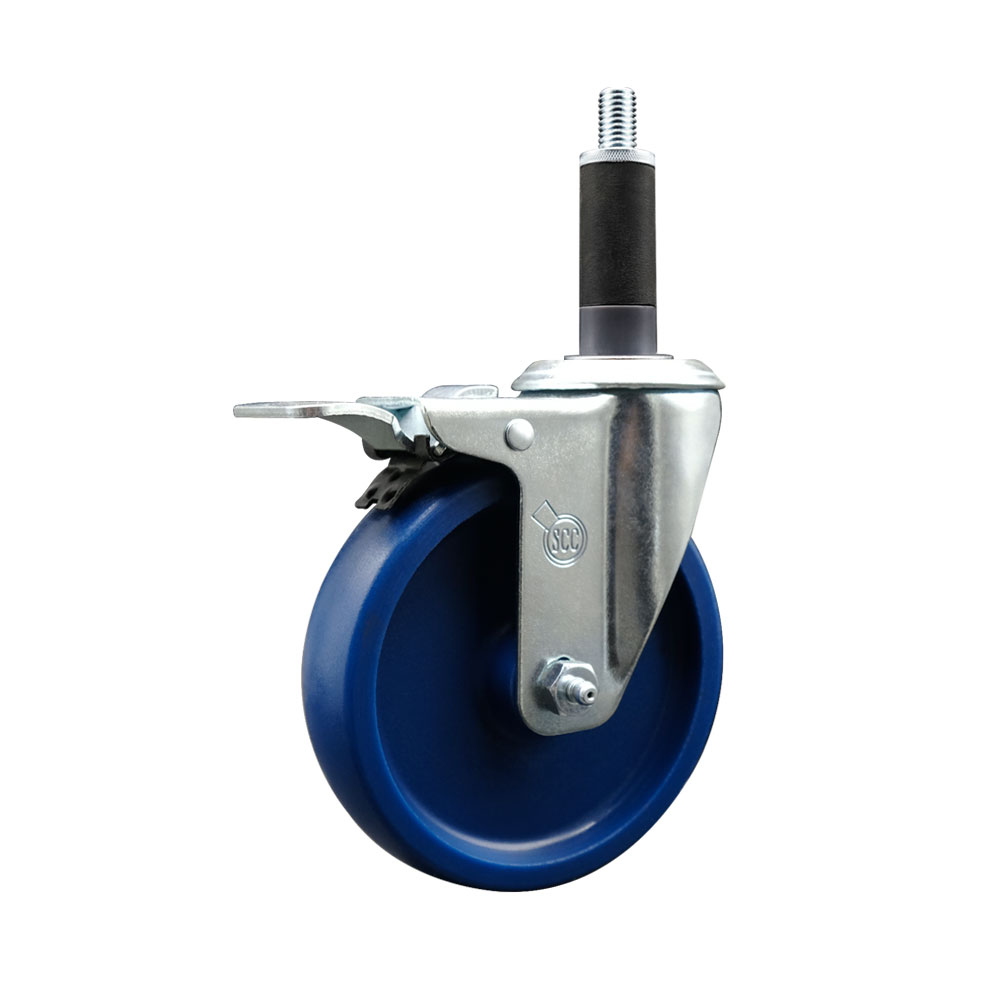 Solid Polyurethane Expanding Stem Swivel Caster with 5 Inch Blue Wheel and 1" Stem & Total Locking Brake - 300 lbs. Capacity Per Caster - Service Caster Brand — photo 1