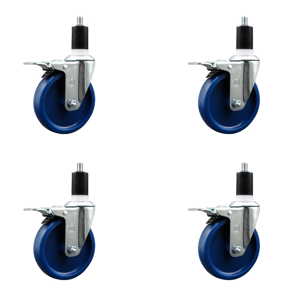 Solid Polyurethane Swivel Expanding Stem Caster Set of 4 with 5 Inch Blue Wheels and 1-1/2" Stems - Includes 4 Swivel with Total Locking Brakes - 300 lbs. Capacity Per Caster - Service Caster Brand — photo 1