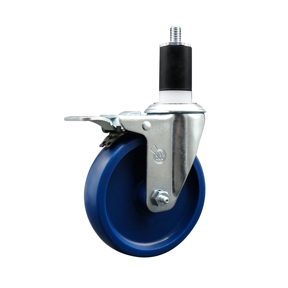 Solid Polyurethane Expanding Stem Swivel Caster with 5 Inch Blue Wheel and 1-1/2" Stem & Total Locking Brake - 300 lbs. Capacity Per Caster - Service Caster Brand — photo 1