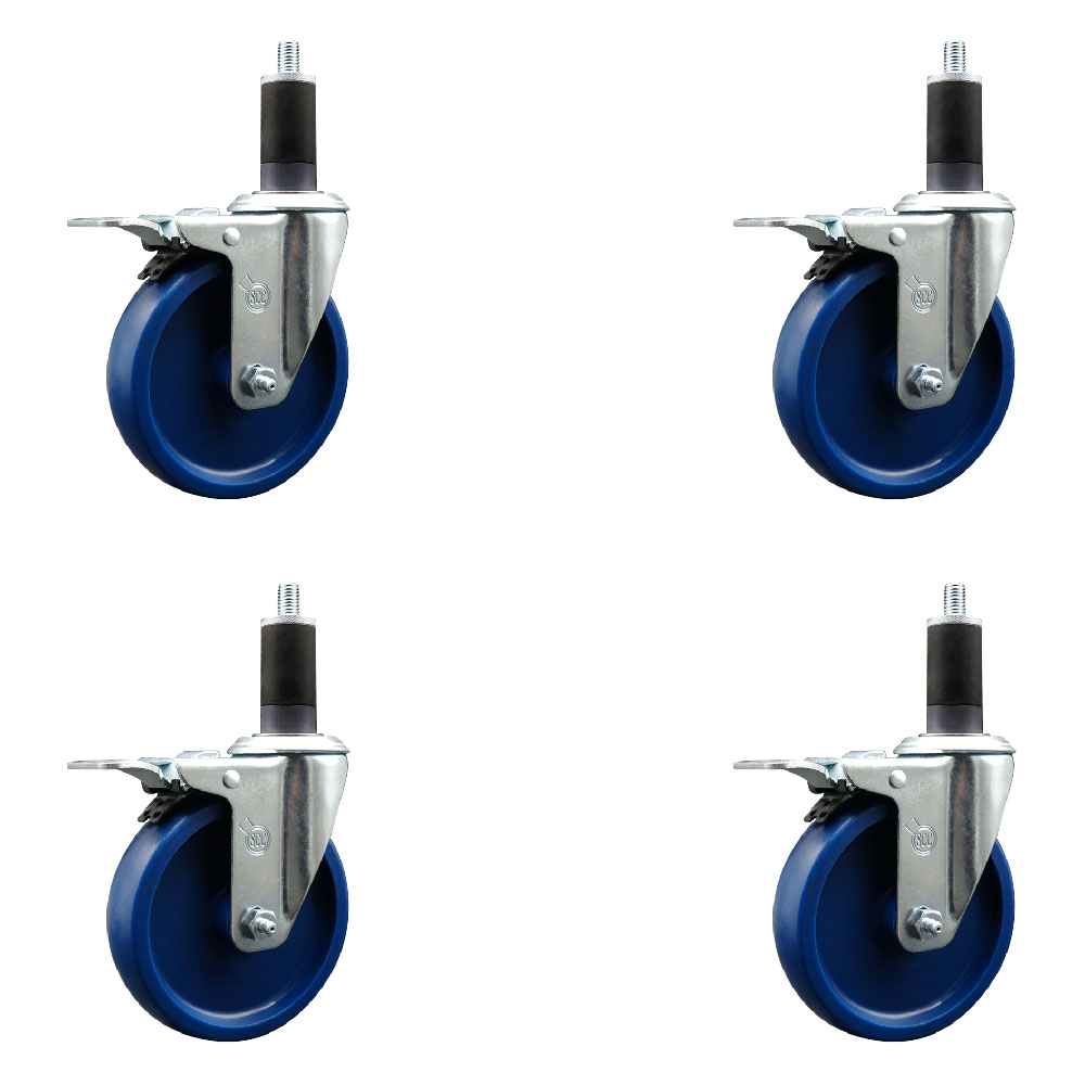 Solid Polyurethane Swivel Expanding Stem Caster Set of 4 with 5 Inch Blue Wheels and 1-1/4" Stems - Includes 4 Swivel with Total Locking Brakes - 300 lbs. Capacity Per Caster - Service Caster Brand — photo 1