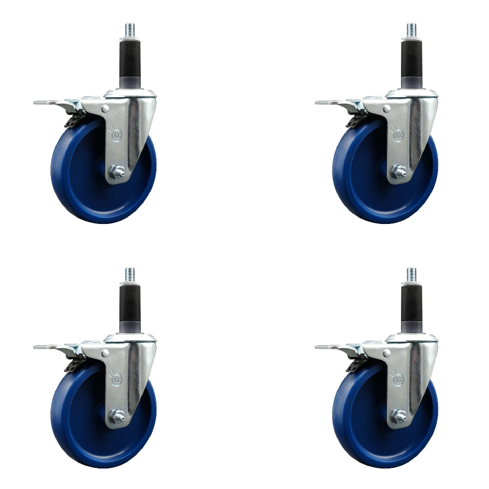 Solid Polyurethane Swivel Expanding Stem Caster Set of 4 with 5 Inch Blue Wheels and 1-1/8" Stems - Includes 4 Swivel with Total Locking Brakes - 300 lbs. Capacity Per Caster - Service Caster Brand — photo 1