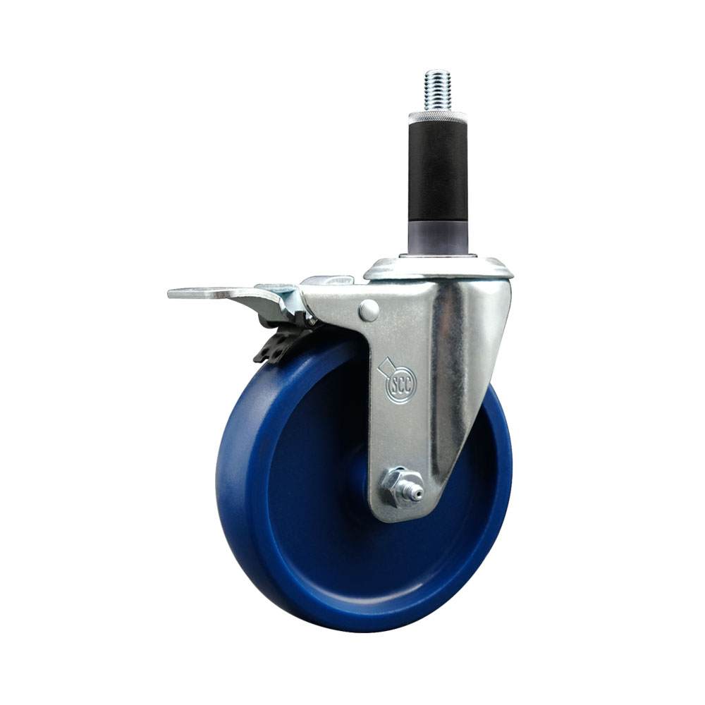 Solid Polyurethane Expanding Stem Swivel Caster with 5 Inch Blue Wheel and 1-1/8" Stem & Total Locking Brake - 300 lbs. Capacity Per Caster - Service Caster Brand — photo 1