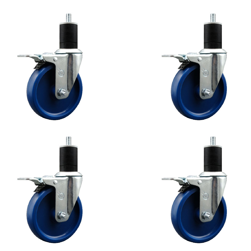 Stainless Steel Solid Polyurethane Swivel Expanding Stem Caster Set of 4 with 5 Inch Blue Wheels and 1-3/4" Stems-4 Swivel with Total Locking Brakes-300 lbs. Capacity Per Caster-Service Caster Brand — photo 1