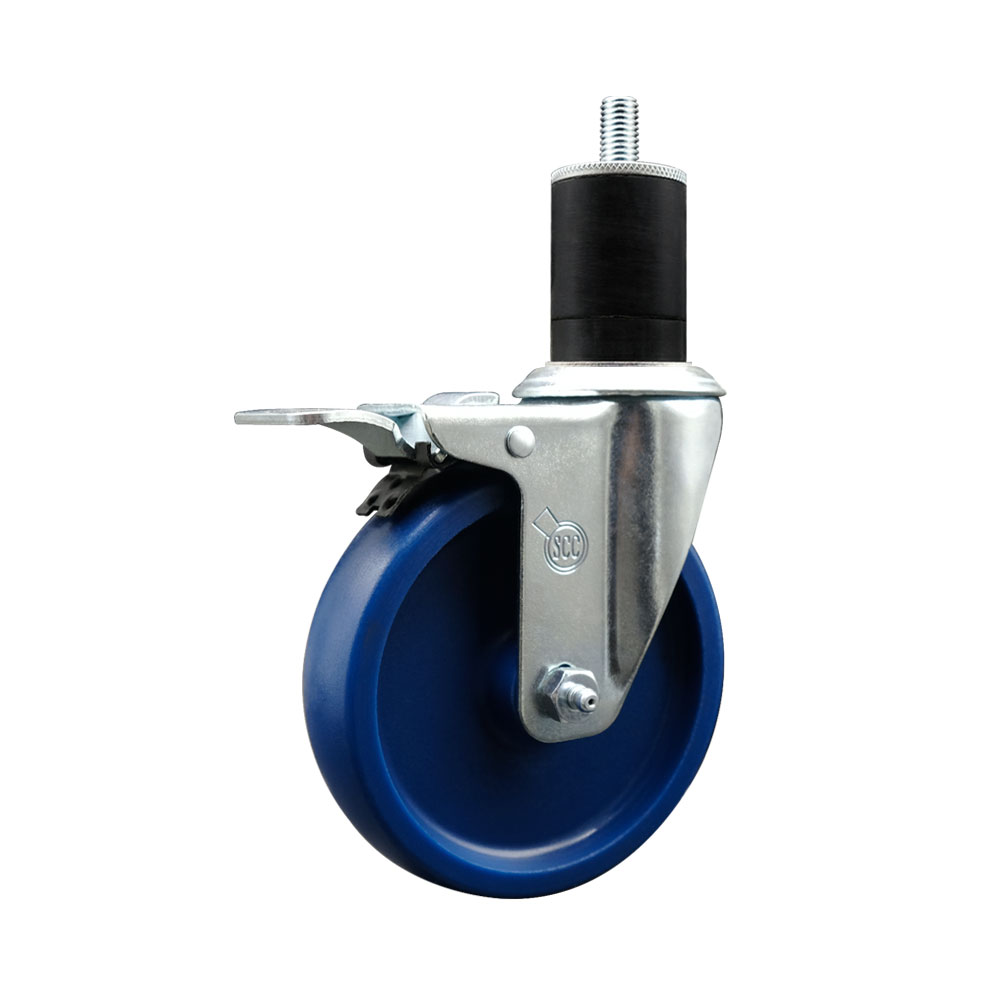 Solid Polyurethane Expanding Stem Swivel Caster with 5 Inch Blue Wheel and 1-3/4" Stem & Total Locking Brake - 300 lbs. Capacity Per Caster - Service Caster Brand — photo 1
