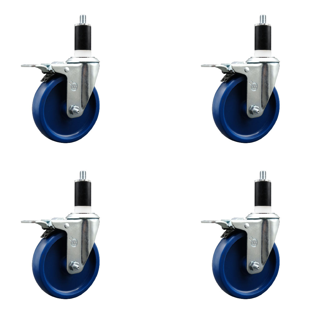 Stainless Steel Solid Polyurethane Swivel Expanding Stem Caster Set of 4 with 5 Inch Blue Wheels and 1-3/8" Stems-4 Swivel with Total Locking Brakes-300 lbs. Capacity Per Caster-Service Caster Brand — photo 1