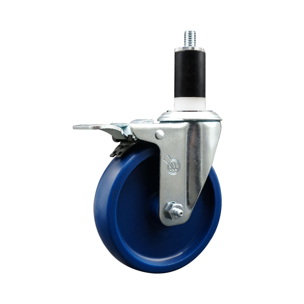 Stainless Steel Solid Polyurethane Expanding Stem Swivel Caster with 5 Inch Blue Wheel and 1-3/8" Stem & Total Locking Brake - 300 lbs. Capacity Per Caster - Service Caster Brand — photo 1