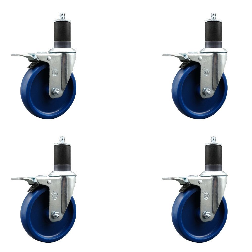Solid Polyurethane Swivel Expanding Stem Caster Set of 4 with 5 Inch Blue Wheels and 1-5/8" Stems - Includes 4 Swivel with Total Locking Brakes - 300 lbs. Capacity Per Caster - Service Caster Brand — photo 1
