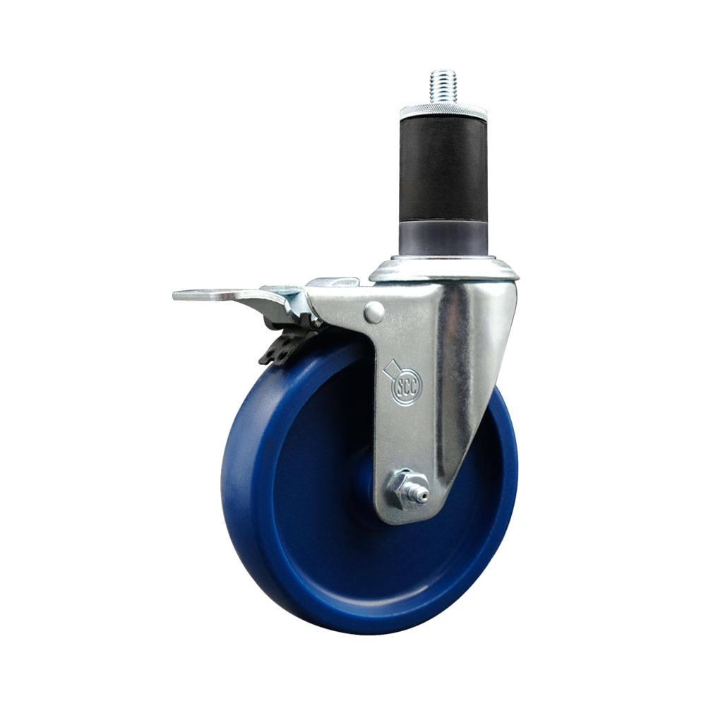 Solid Polyurethane Expanding Stem Swivel Caster with 5 Inch Blue Wheel and 1-5/8" Stem & Total Locking Brake - 300 lbs. Capacity Per Caster - Service Caster Brand — photo 1
