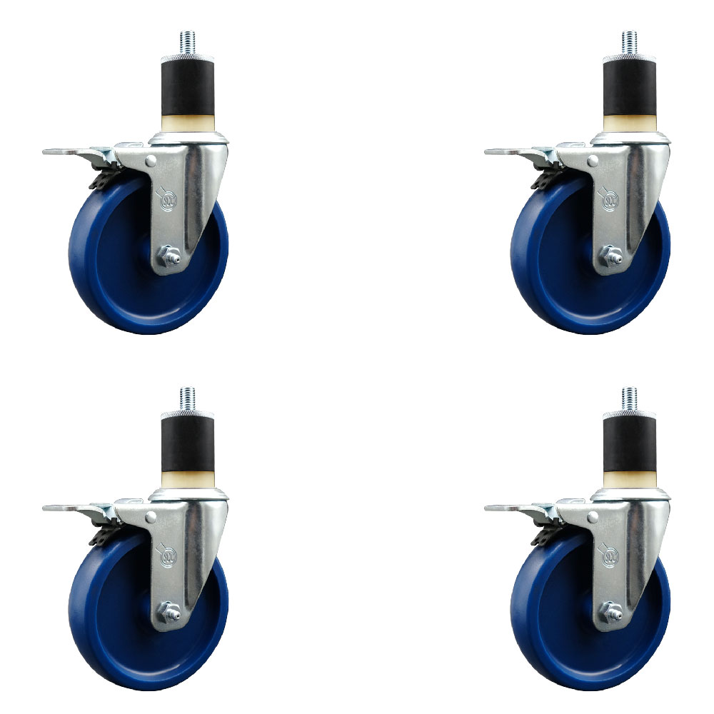 Solid Polyurethane Swivel Expanding Stem Caster Set of 4 with 5 Inch Blue Wheels and 1-7/8" Stems - Includes 4 Swivel with Total Locking Brakes - 300 lbs. Capacity Per Caster - Service Caster Brand — photo 1