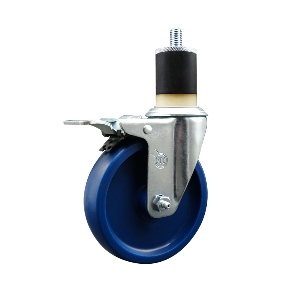 Solid Polyurethane Expanding Stem Swivel Caster with 5 Inch Blue Wheel and 1-7/8" Stem & Total Locking Brake - 300 lbs. Capacity Per Caster - Service Caster Brand — photo 1