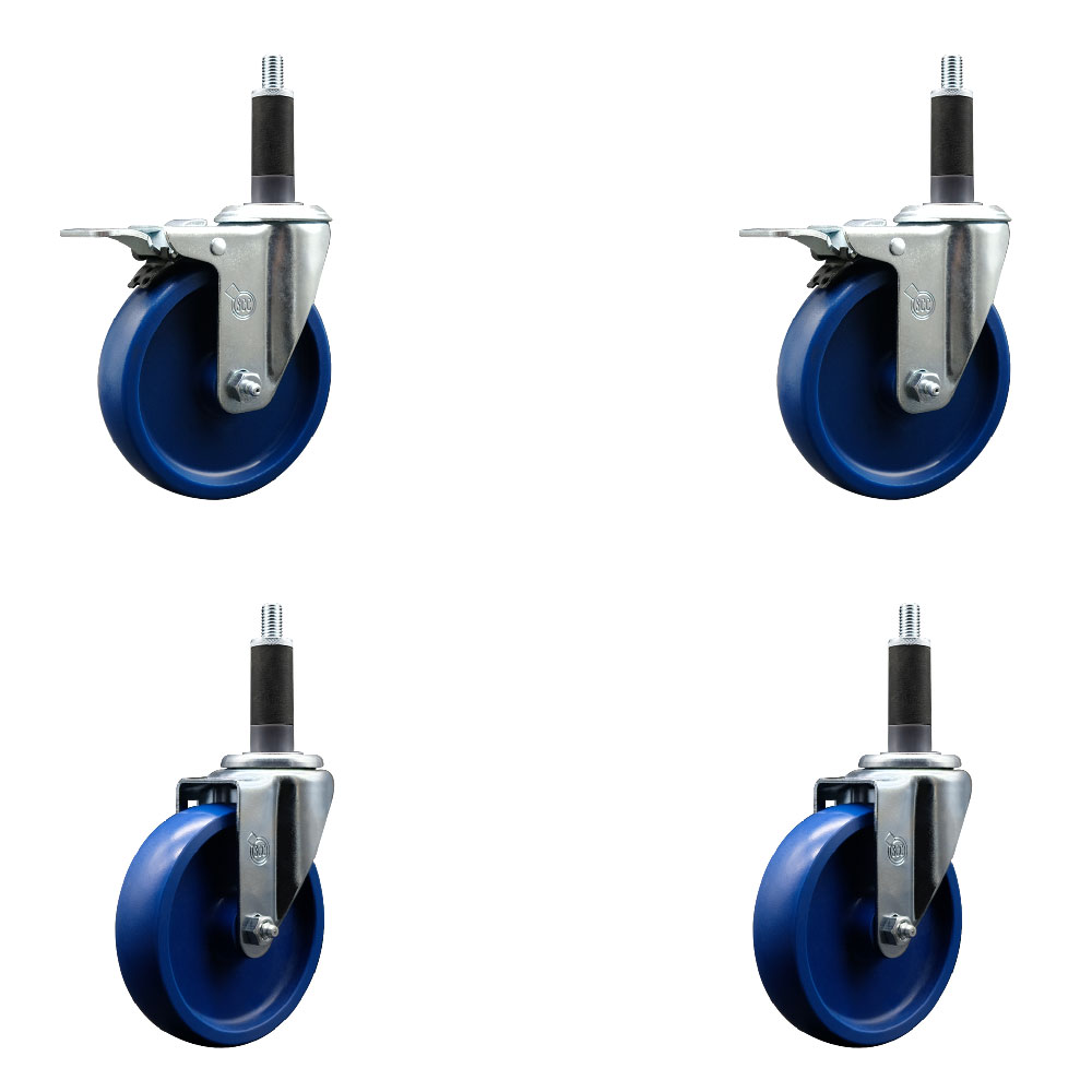 Stainless Steel Solid Polyurethane Swivel Expanding Stem Caster Set of 4 with 5 Inch Blue Wheels and 1" Stems - Includes 2 with Total Locking Brakes - 1200 lbs Total Capacity - Service Caster Brand — photo 1