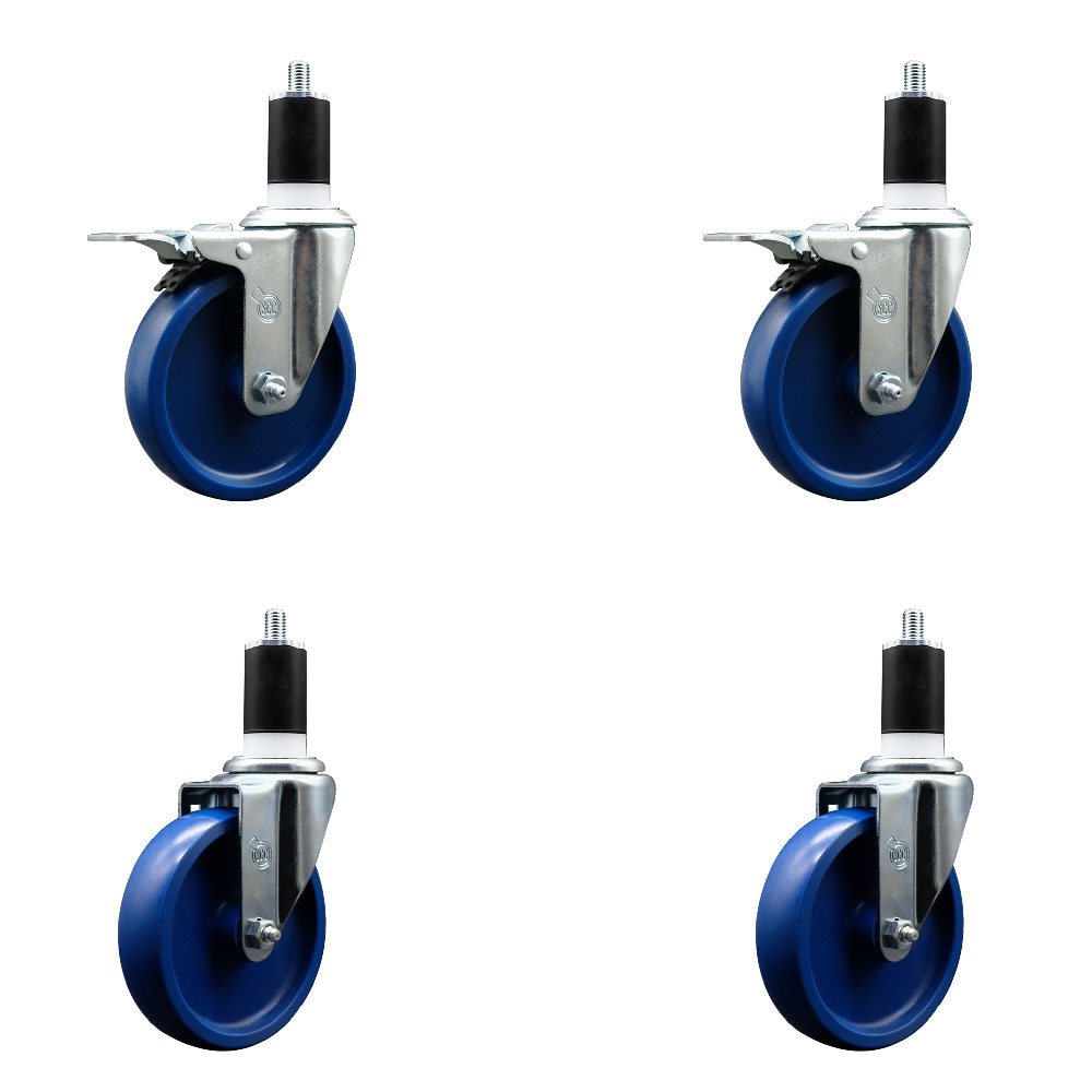 Solid Polyurethane Swivel Expanding Stem Caster Set of 4 with 5 Inch Blue Wheels and 1-1/2" Stems - Includes 2 with Total Locking Brakes - 1200 lbs Total Capacity - Service Caster Brand — photo 1