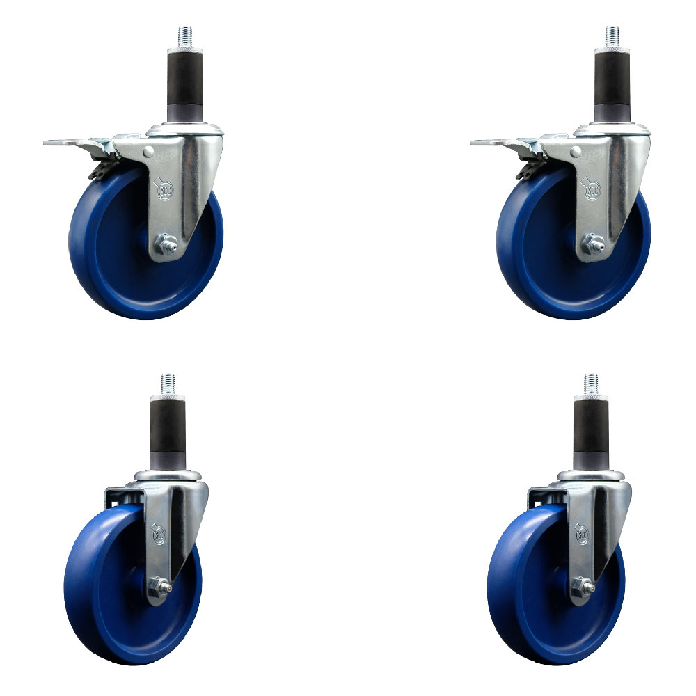 Solid Polyurethane Swivel Expanding Stem Caster Set of 4 with 5 Inch Blue Wheels and 1-1/4" Stems - Includes 2 with Total Locking Brakes - 1200 lbs Total Capacity - Service Caster Brand — photo 1