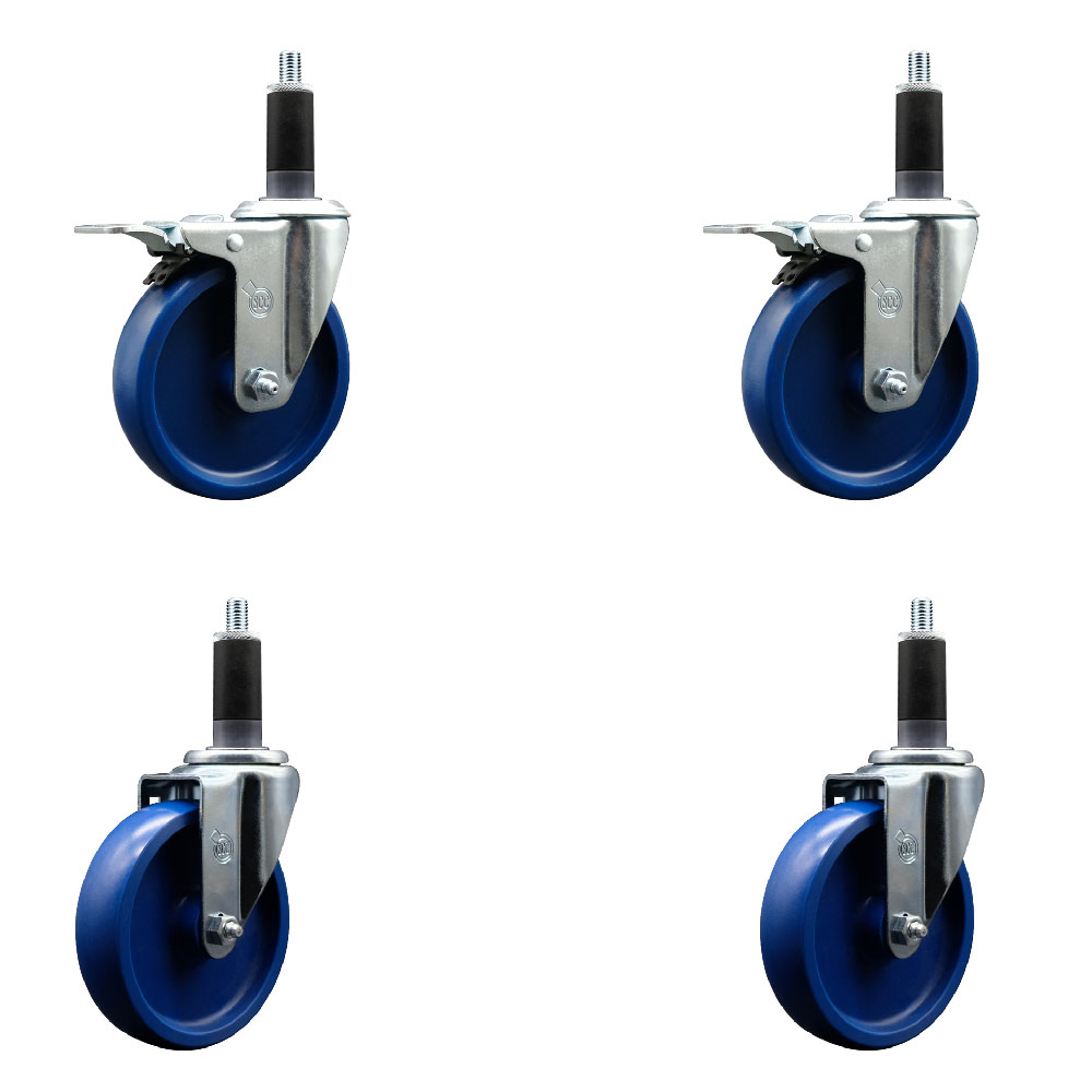 Stainless Steel Solid Polyurethane Swivel Expanding Stem Caster Set of 4 with 5 Inch Blue Wheels and 1-1/8" Stems - 2 with Total Locking Brakes - 1200 lbs Total Capacity - Service Caster Brand — photo 1