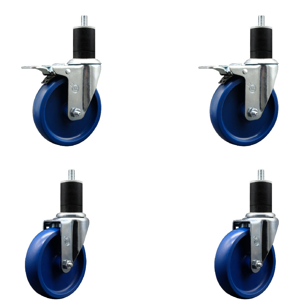 Stainless Steel Solid Polyurethane Swivel Expanding Stem Caster Set of 4 with 5 Inch Blue Wheels and 1-3/4" Stems - 2 with Total Locking Brakes - 1200 lbs Total Capacity - Service Caster Brand — photo 1