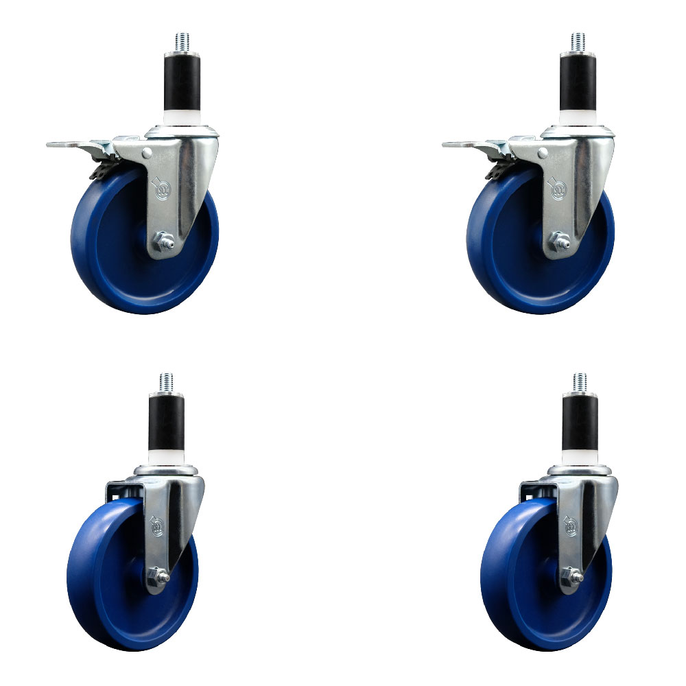 Stainless Steel Solid Polyurethane Swivel Expanding Stem Caster Set of 4 with 5 Inch Blue Wheels and 1-3/8" Stems - 2 with Total Locking Brakes - 1200 lbs Total Capacity - Service Caster Brand — photo 1