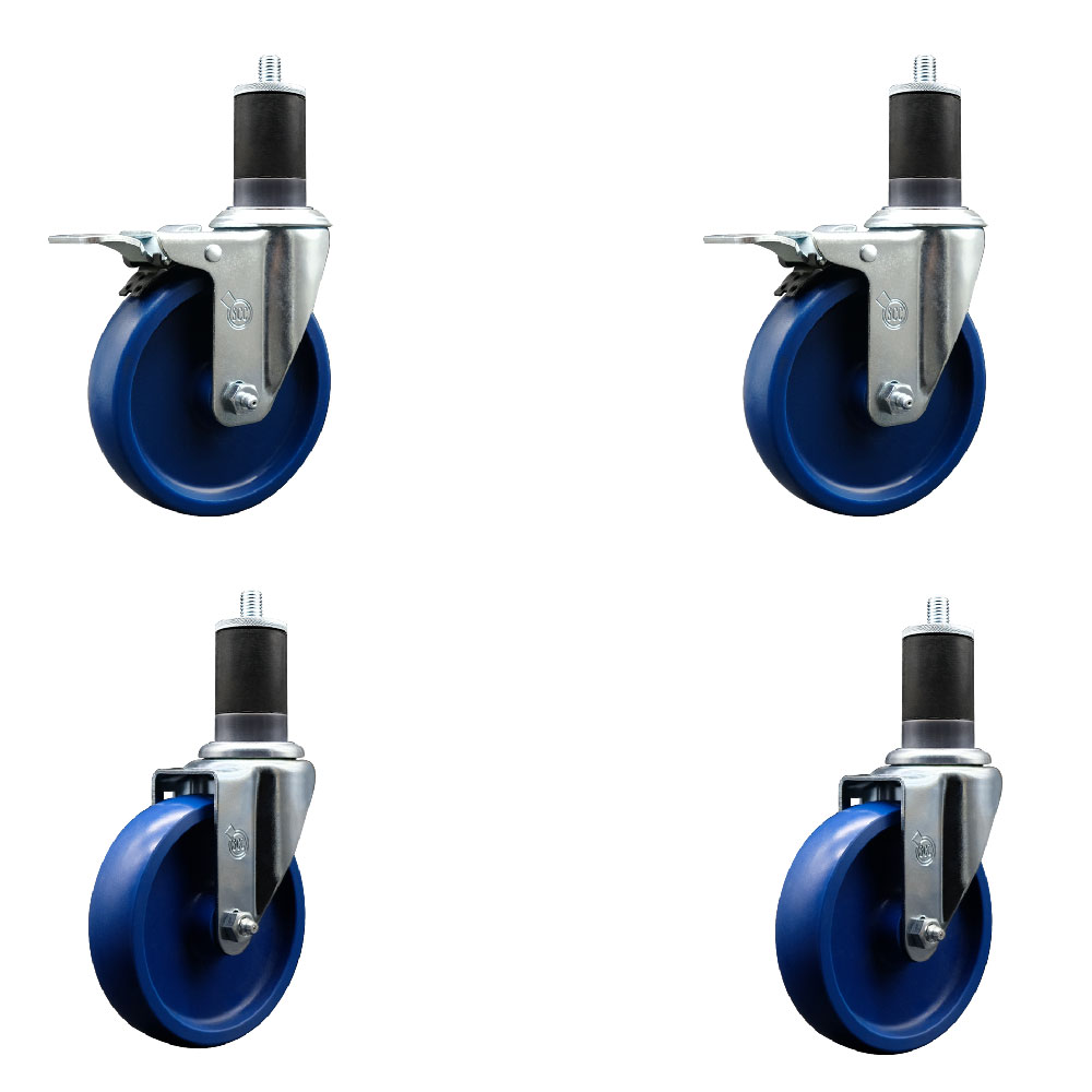 Solid Polyurethane Swivel Expanding Stem Caster Set of 4 with 5 Inch Blue Wheels and 1-5/8" Stems - Includes 2 with Total Locking Brakes - 1200 lbs Total Capacity - Service Caster Brand — photo 1