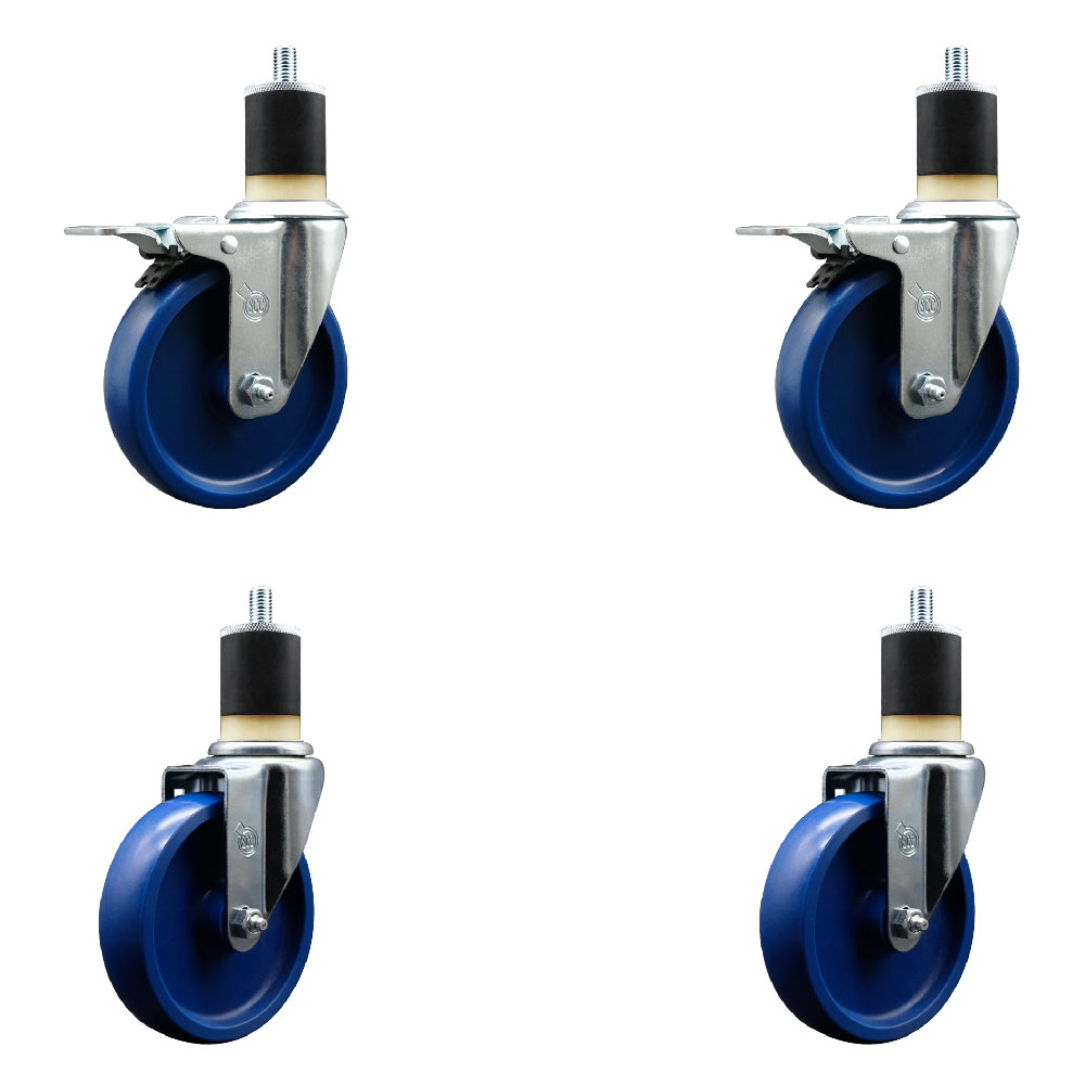 Stainless Steel Solid Polyurethane Swivel Expanding Stem Caster Set of 4 with 5 Inch Blue Wheels and 1-7/8" Stems - 2 with Total Locking Brakes - 1200 lbs Total Capacity - Service Caster Brand — photo 1