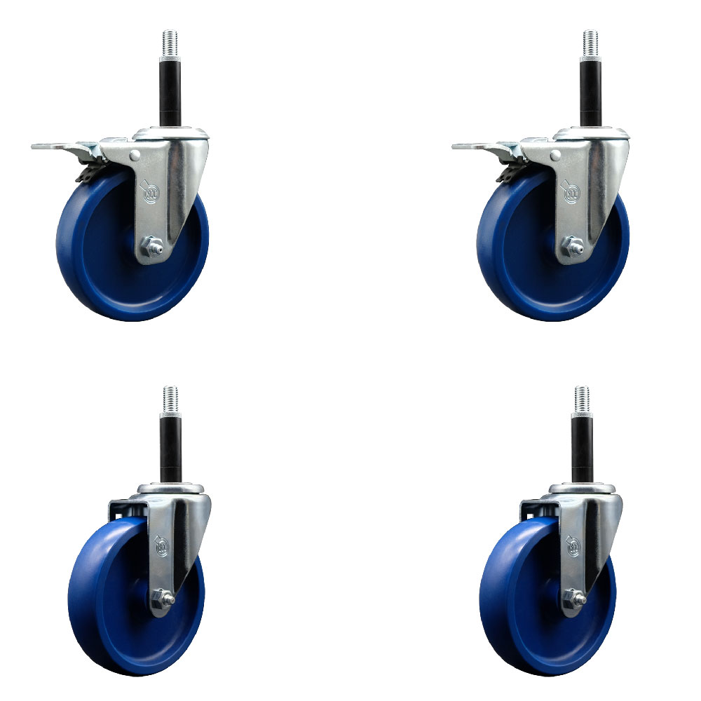 Stainless Steel Solid Polyurethane Swivel Expanding Stem Caster Set of 4 with 5 Inch Blue Wheels and 3/4" Stems - Includes 2 with Total Locking Brakes - 1200 lbs Total Capacity - Service Caster Brand — photo 1