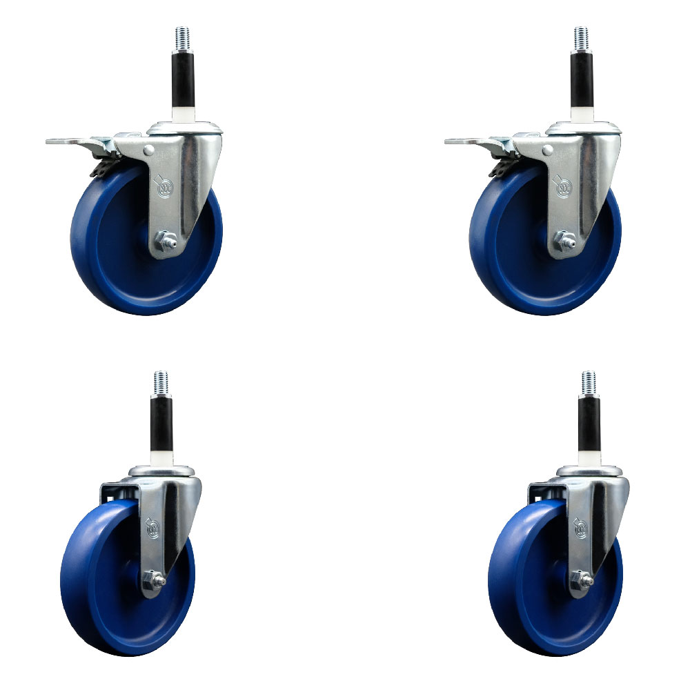 Solid Polyurethane Swivel Expanding Stem Caster Set of 4 with 5 Inch Blue Wheels and 7/8" Stems - Includes 2 with Total Locking Brakes - 1200 lbs Total Capacity - Service Caster Brand — photo 1