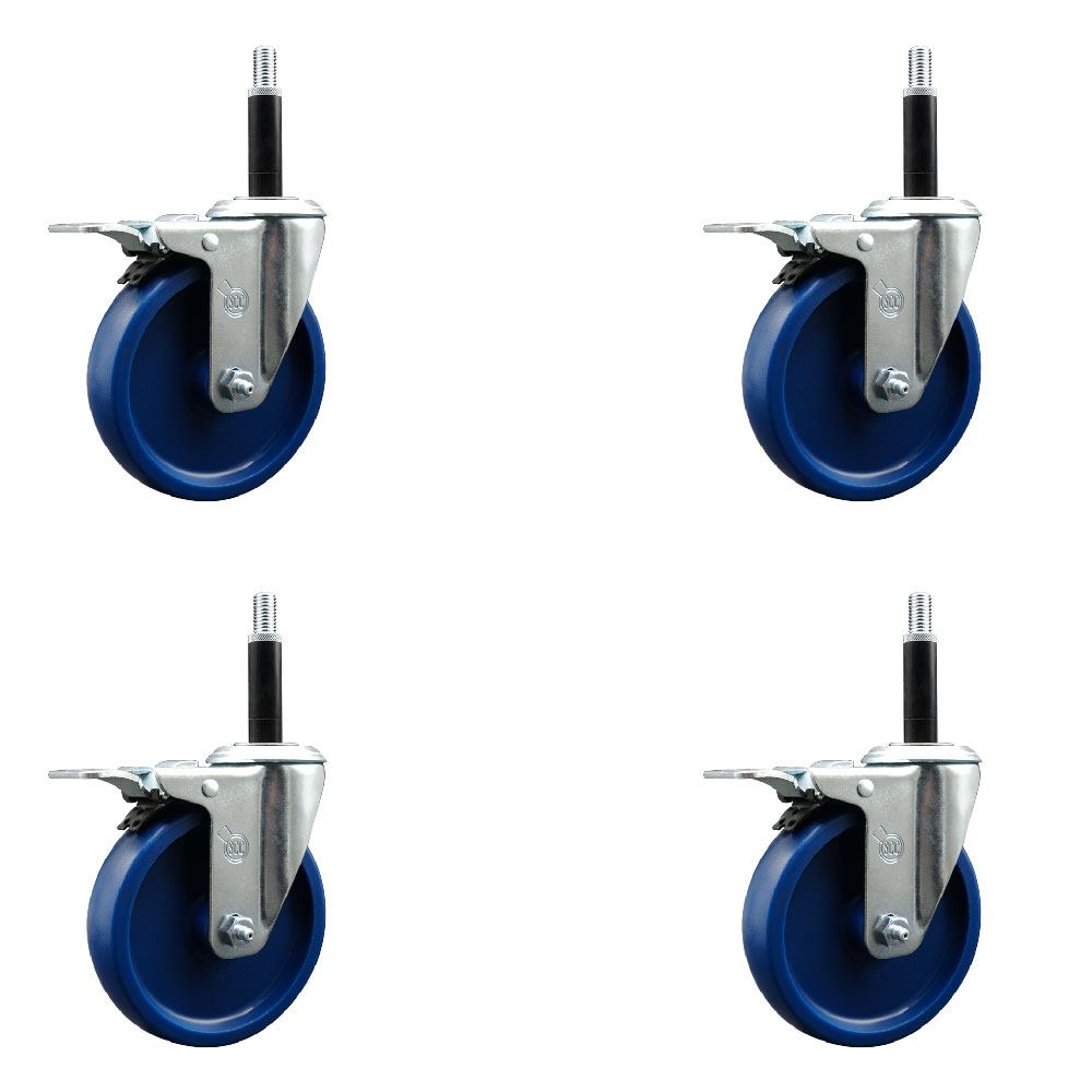 Solid Polyurethane Swivel Expanding Stem Caster Set of 4 with 5 Inch Blue Wheels and 3/4" Stems - Includes 4 Swivel with Total Locking Brakes - 300 lbs. Capacity Per Caster - Service Caster Brand — photo 1