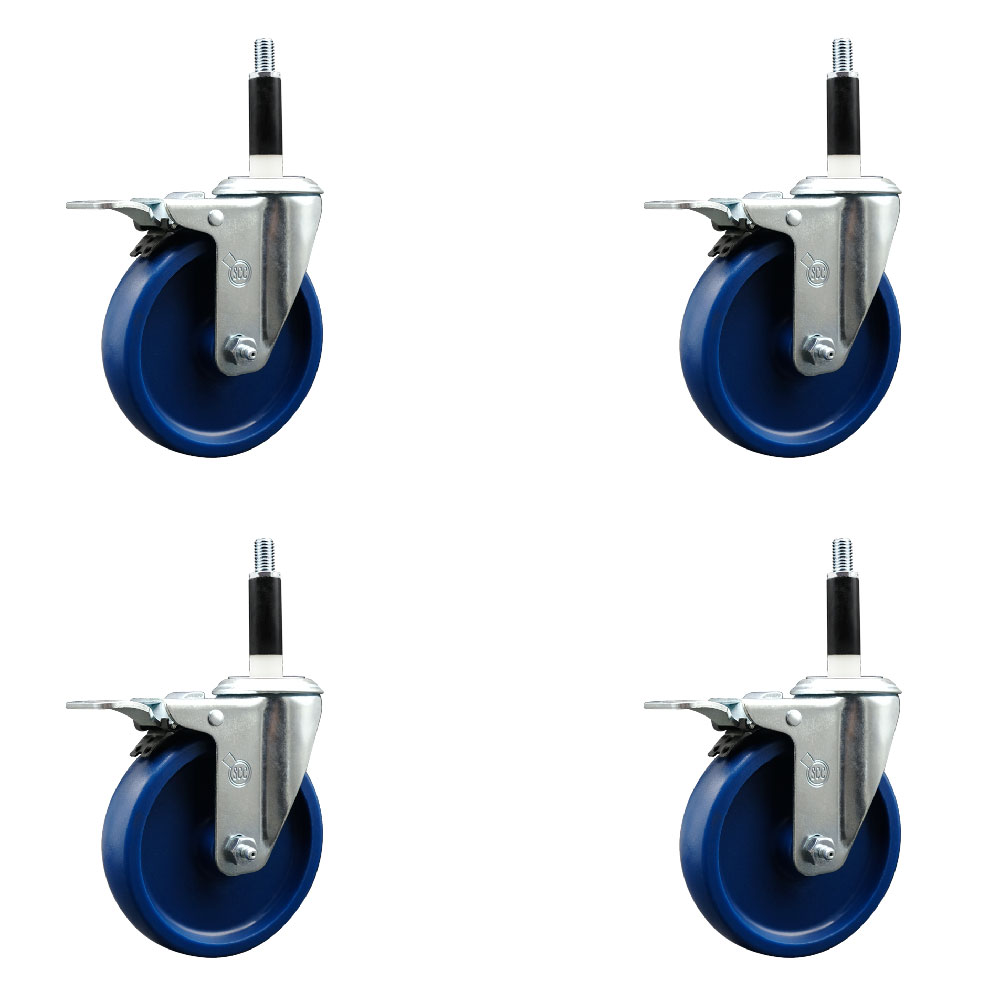 Stainless Steel Solid Polyurethane Swivel Expanding Stem Caster Set of 4 with 5 Inch Blue Wheels and 7/8" Stems-Includes 4 Swivel with Total Locking Brakes-300lb Capacity Per Caster-Service Caster — photo 1