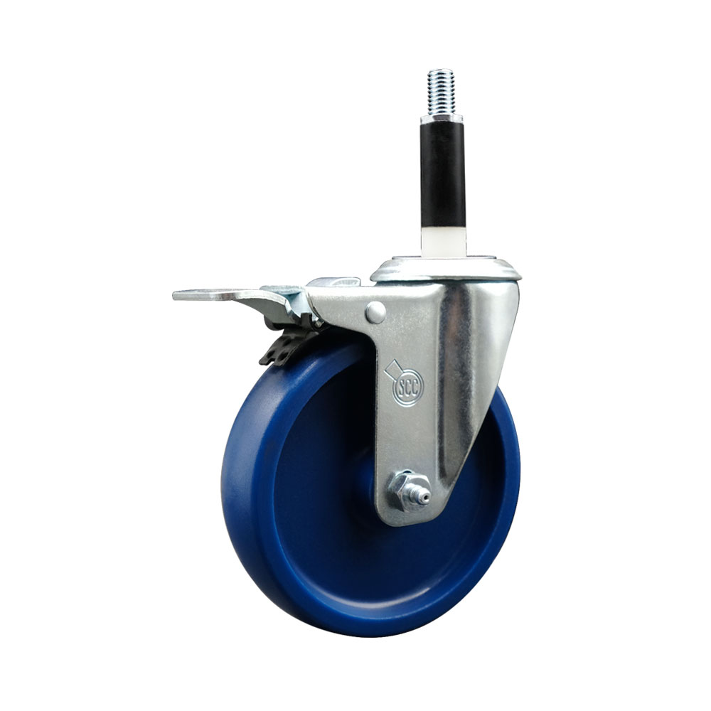Stainless Steel Solid Polyurethane Expanding Stem Swivel Caster with 5 Inch Blue Wheel and 7/8" Stem & Total Locking Brake - 300 lbs. Capacity Per Caster - Service Caster Brand — photo 1