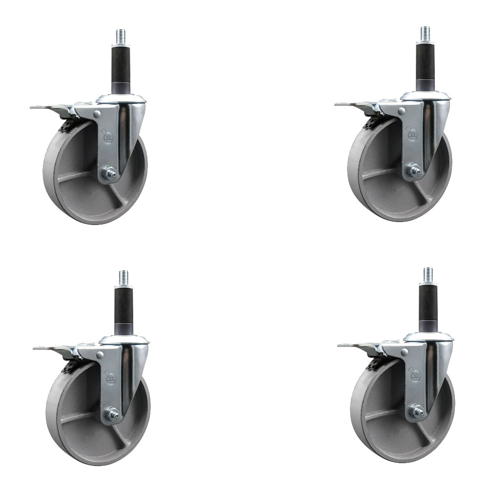 Semi Steel Cast Iron Swivel Expanding Stem Caster Set of 4 with Roller Bearings - 5" x 1.5" Silver Wheels and 1" Stems - 4 with Total Lock Brakes - 1200 lbs Total Capacity - Service Caster Brand — photo 1