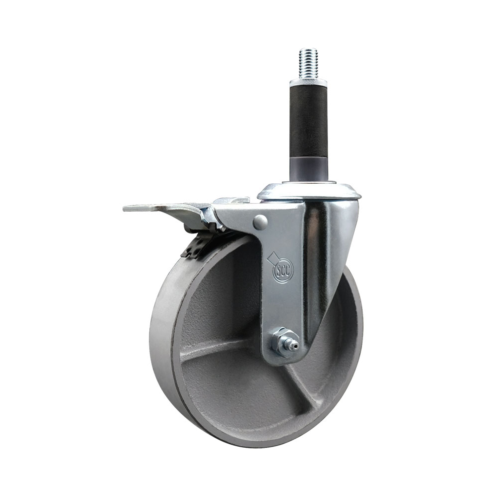 Semi Steel Cast Iron Swivel Expanding Stem Swivel Caster with 5 Inch Silver Wheel and 1" Stem & Total Locking Brake - 300 lbs. Capacity Per Caster - Service Caster Brand — photo 1