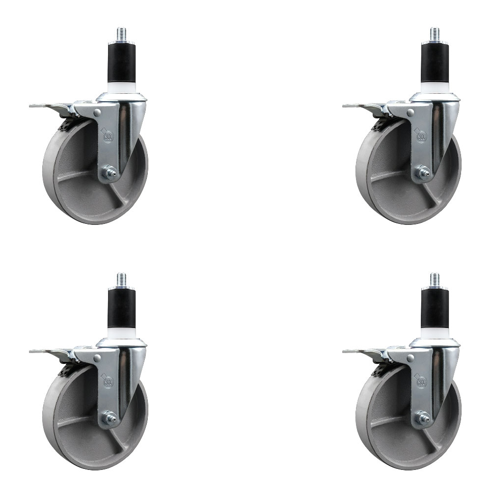 Semi Steel Cast Iron Swivel Expanding Stem Caster Set of 4 with Roller Bearings - 5" x 1.5" Silver Wheels and 1-1/2" Stems - 4 with Total Lock Brakes - 1200 lbs Total Capacity - Service Caster Brand — photo 1
