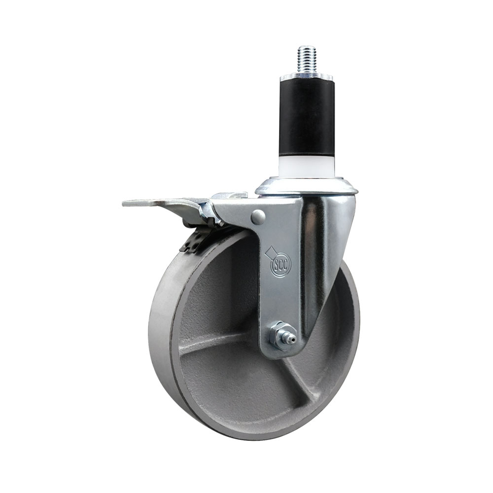 Semi Steel Cast Iron Swivel Expanding Stem Caster w/Roller Bearing - 5" x 1.5" Silver Wheel and 1-1/2" Stem & Total Locking Brake - 300 lbs Capacity/Caster - Service Caster Brand — photo 1