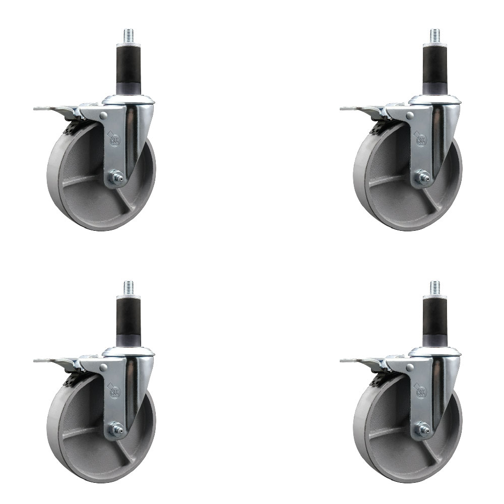 Semi Steel Cast Iron Swivel Expanding Stem Caster Set of 4 with Roller Bearings - 5" x 1.5" Silver Wheels and 1-1/4" Stems - 4 with Total Lock Brakes - 1200 lbs Total Capacity - Service Caster Brand — photo 1