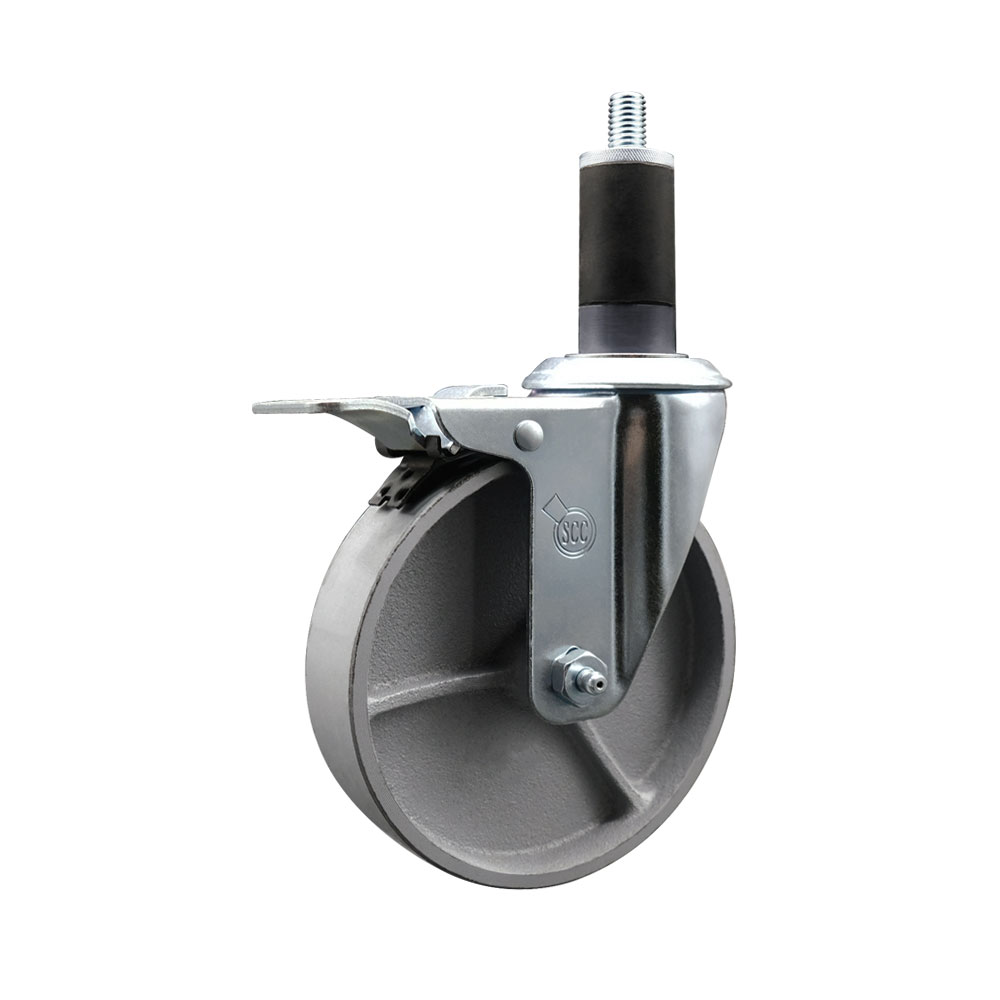 Semi Steel Cast Iron Swivel Expanding Stem Swivel Caster with 5 Inch Silver Wheel and 1-1/4" Stem & Total Locking Brake - 300 lbs. Capacity Per Caster - Service Caster Brand — photo 1