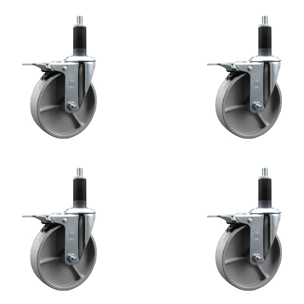 Semi Steel Cast Iron Swivel Expanding Stem Caster Set of 4 with Roller Bearings - 5" x 1.5" Silver Wheels and 1-1/8" Stems - 4 with Total Lock Brakes - 1200 lbs Total Capacity - Service Caster Brand — photo 1