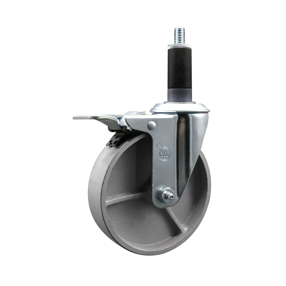 Semi Steel Cast Iron Swivel Expanding Stem Caster w/Roller Bearing - 5" x 1.5" Silver Wheel and 1-1/8" Stem & Total Locking Brake - 300 lbs Capacity/Caster - Service Caster Brand — photo 1
