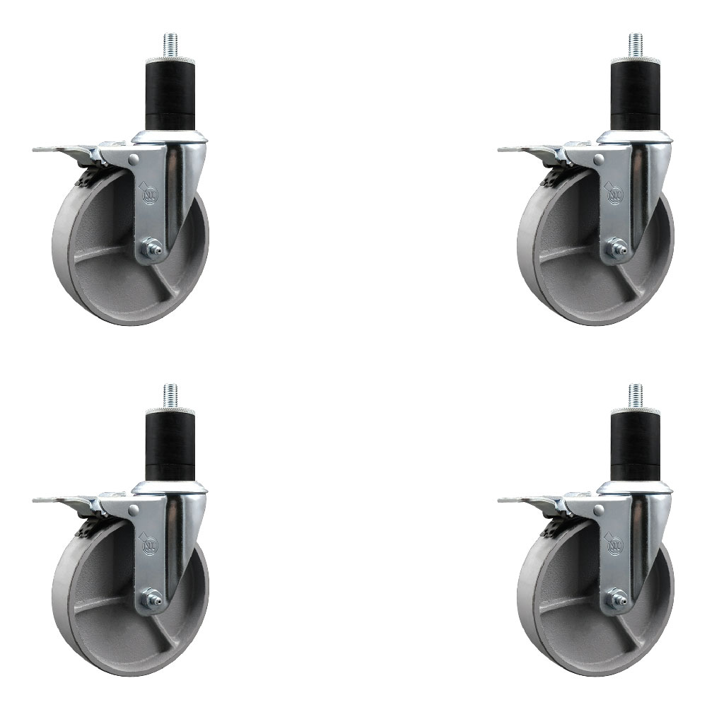 Semi Steel Cast Iron Swivel Expanding Stem Caster Set of 4 with 5 Inch Silver Wheels and 1-3/4" Stems - 4 Swivel with Total Locking Brakes - 300 lbs. Capacity Per Caster - Service Caster Brand — photo 1
