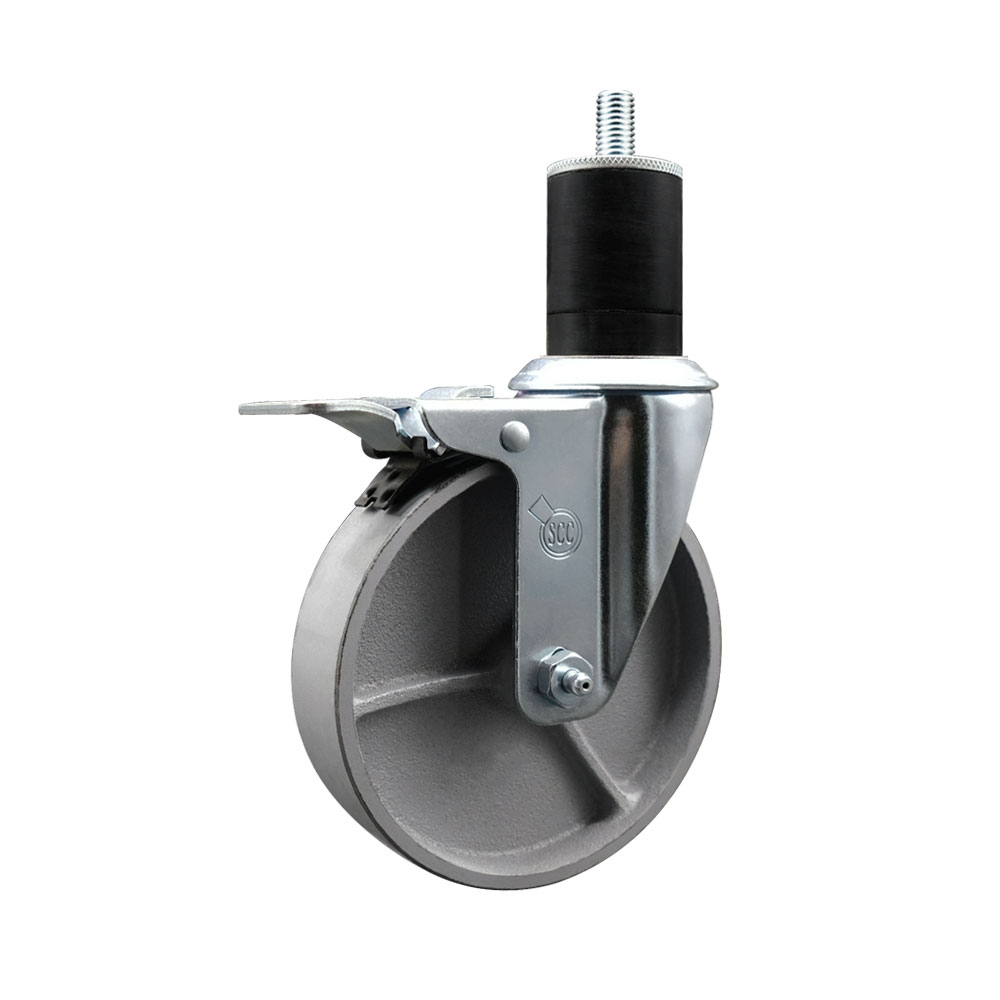 Semi Steel Cast Iron Swivel Expanding Stem Caster w/Roller Bearing - 5" x 1.5" Silver Wheel and 1-3/4" Stem & Total Locking Brake - 300 lbs Capacity/Caster - Service Caster Brand — photo 1