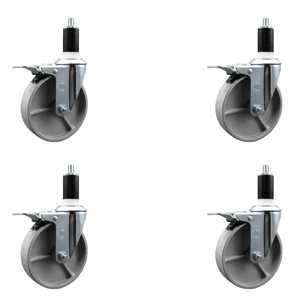 Semi Steel Cast Iron Swivel Expanding Stem Caster Set of 4 with Roller Bearings - 5" x 1.5" Silver Wheels and 1-3/8" Stems - 4 with Total Lock Brakes - 1200 lbs Total Capacity - Service Caster Brand — photo 1