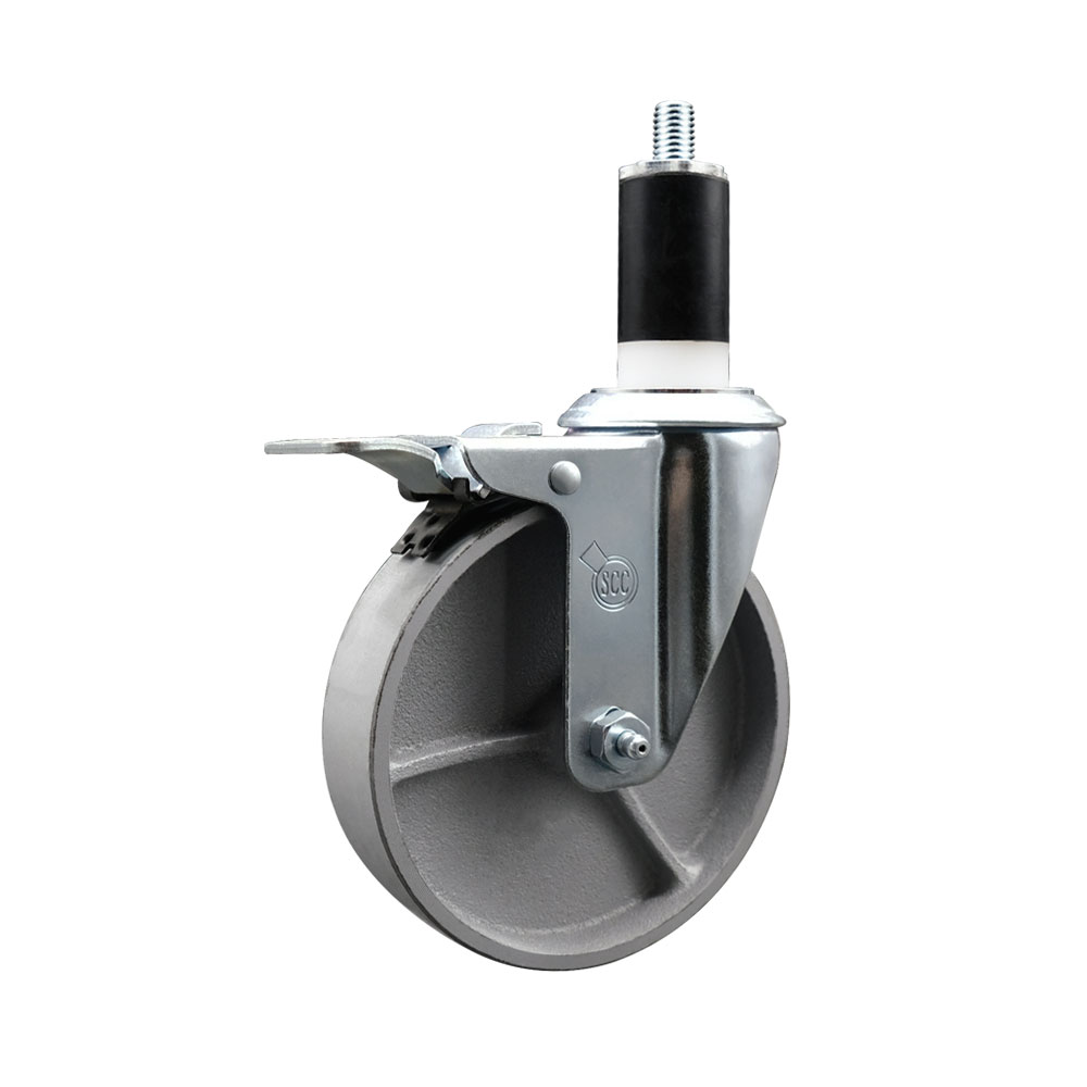 Semi Steel Cast Iron Swivel Expanding Stem Caster w/Roller Bearing - 5" x 1.5" Silver Wheel and 1-3/8" Stem & Total Locking Brake - 300 lbs Capacity/Caster - Service Caster Brand — photo 1