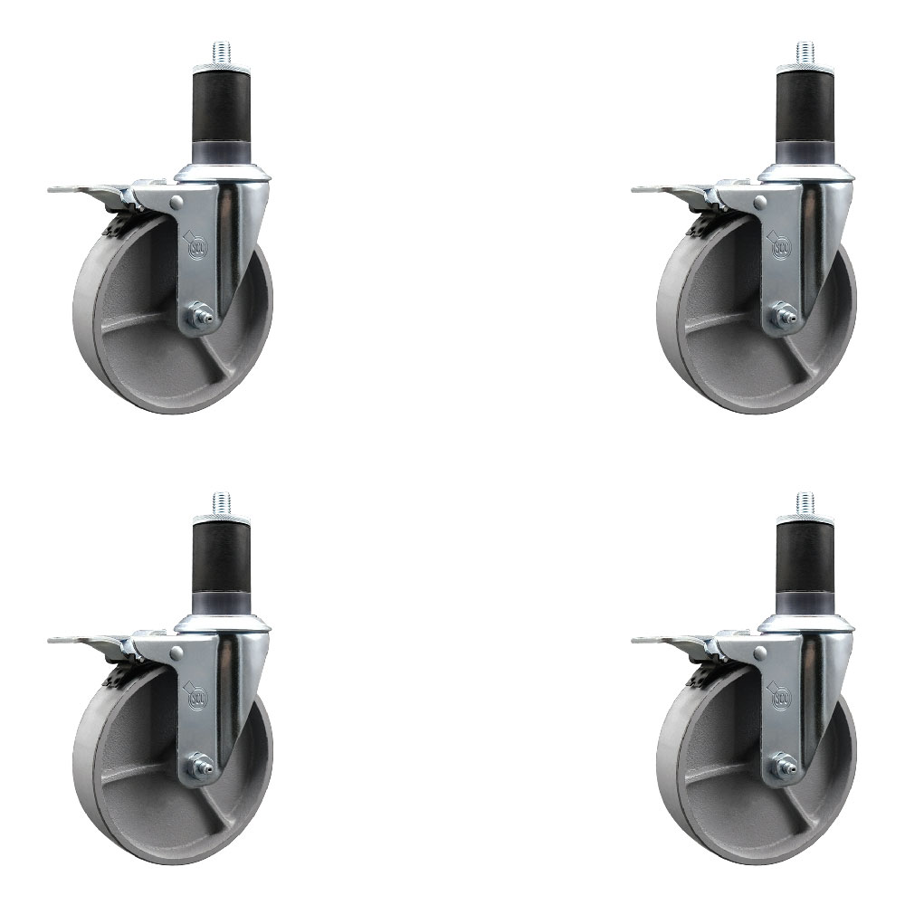 Semi Steel Cast Iron Swivel Expanding Stem Caster Set of 4 with 5 Inch Silver Wheels and 1-5/8" Stems - 4 Swivel with Total Locking Brakes - 300 lbs. Capacity Per Caster - Service Caster Brand — photo 1
