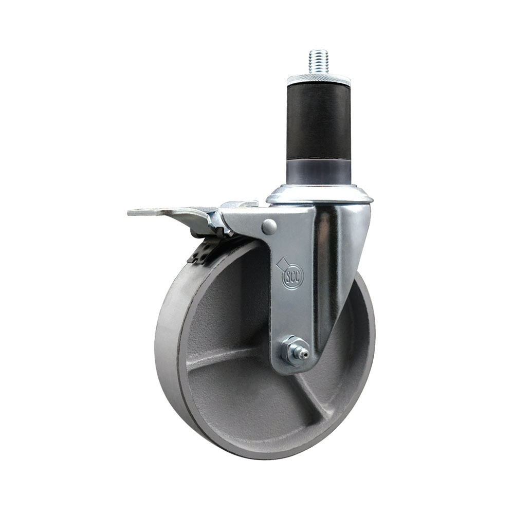 Semi Steel Cast Iron Swivel Expanding Stem Swivel Caster with 5 Inch Silver Wheel and 1-5/8" Stem & Total Locking Brake - 300 lbs. Capacity Per Caster - Service Caster Brand — photo 1