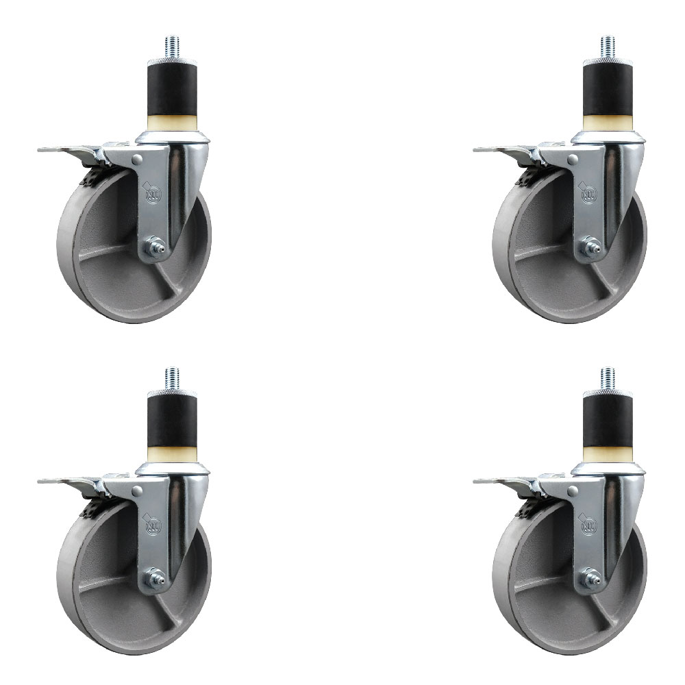 Semi Steel Cast Iron Swivel Expanding Stem Caster Set of 4 with Roller Bearings - 5" x 1.5" Silver Wheels and 1-7/8" Stems - 4 with Total Lock Brakes - 1200 lbs Total Capacity - Service Caster Brand — photo 1