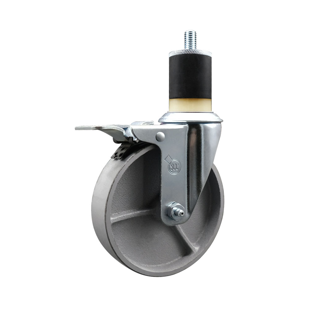 Semi Steel Cast Iron Swivel Expanding Stem Caster w/Roller Bearing - 5" x 1.5" Silver Wheel and 1-7/8" Stem & Total Locking Brake - 300 lbs Capacity/Caster - Service Caster Brand — photo 1