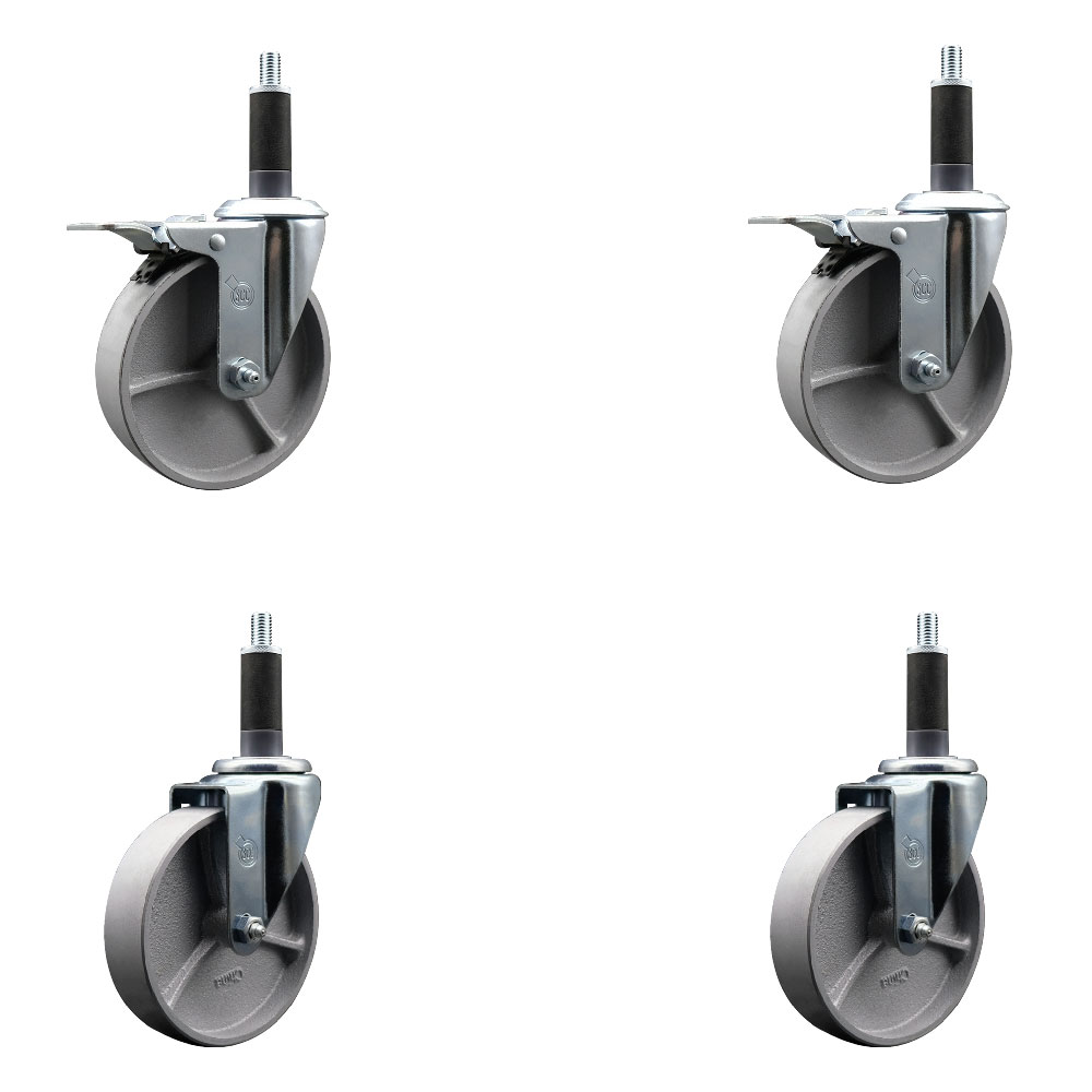 Semi Steel Cast Iron Swivel Expanding Stem Caster Set of 4 w/Roller Bearings - 5" x 1.5" Silver Wheels and 1" Stems - 2 with Total Locking Brakes - 1200 lbs Total Capacity - Service Caster Brand — photo 1