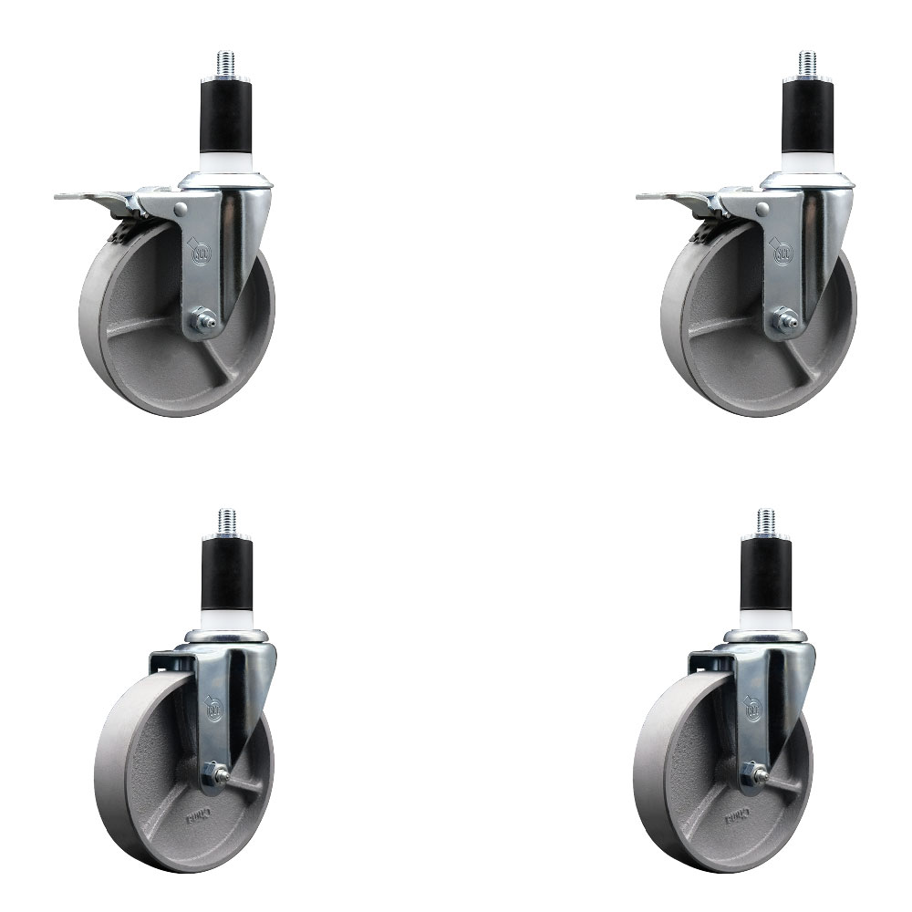 Semi Steel Cast Iron Swivel Expanding Stem Caster Set of 4 with 5 Inch Silver Wheels and 1-1/2" Stems - Includes 2 with Total Locking Brakes - 1200 lbs Total Capacity - Service Caster Brand — photo 1